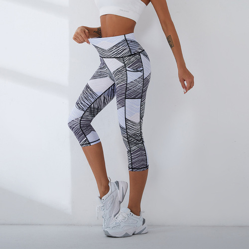  New European and American Style Yoga Pants Women's Cross-border Slimming High Waist Fitness Pants Running Sports Pants Side Pocket Capri Pants