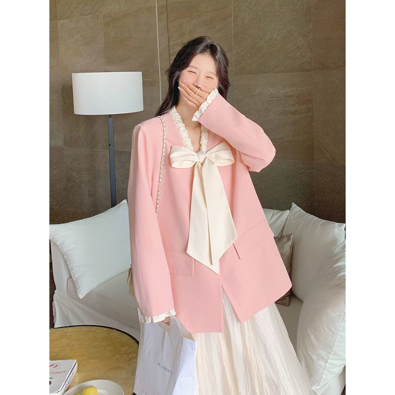 粉色蝴蝶结西装外套女早春2025新款韩系设计感时尚休闲气质小西服|undefined