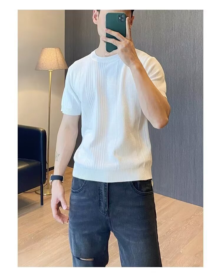 Men's Slim Fit Ice Silk Knit T-Shirt Short Sleeves Round Neck Summer Style Vertical Stripes Mature Simple Design_viptrois.com