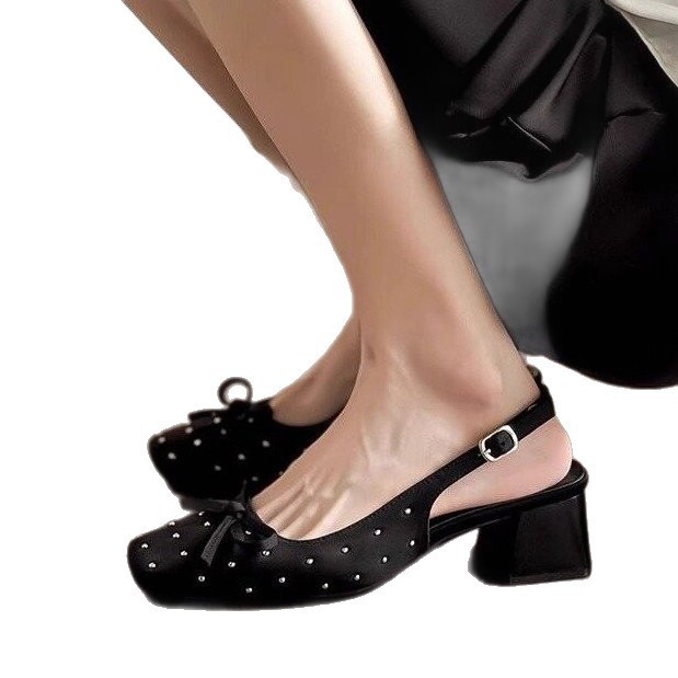 Red famoso nuevo arco negro zapatos de mujer zapatillas de verano de seda de tacón grueso tacones altos zapatos de moda