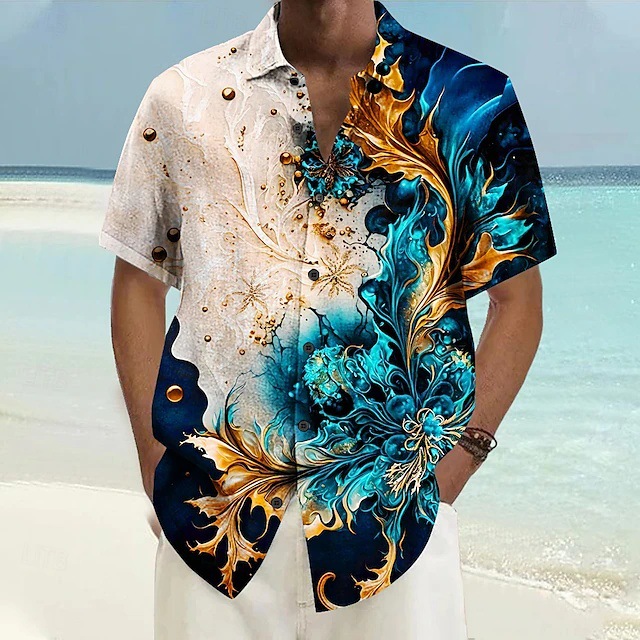 Camisa de manga corta con botones de manga corta de hombro suelto ancho de verano para hombre con estampado 3D tallado en metal floral colorido