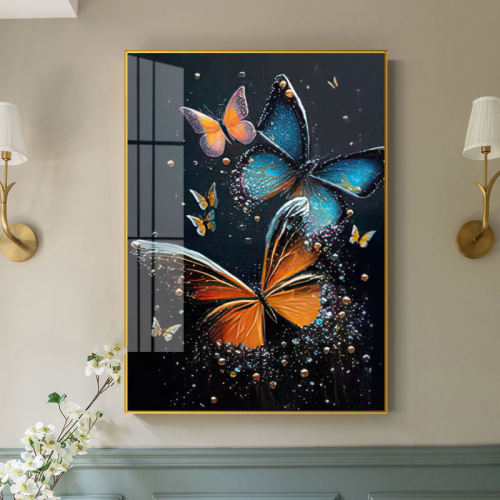 Gilt butterfly living room decorative painting sofa background wall hanging painting bedroom light luxury crystal porcelain mural diamond triptych hanging painting