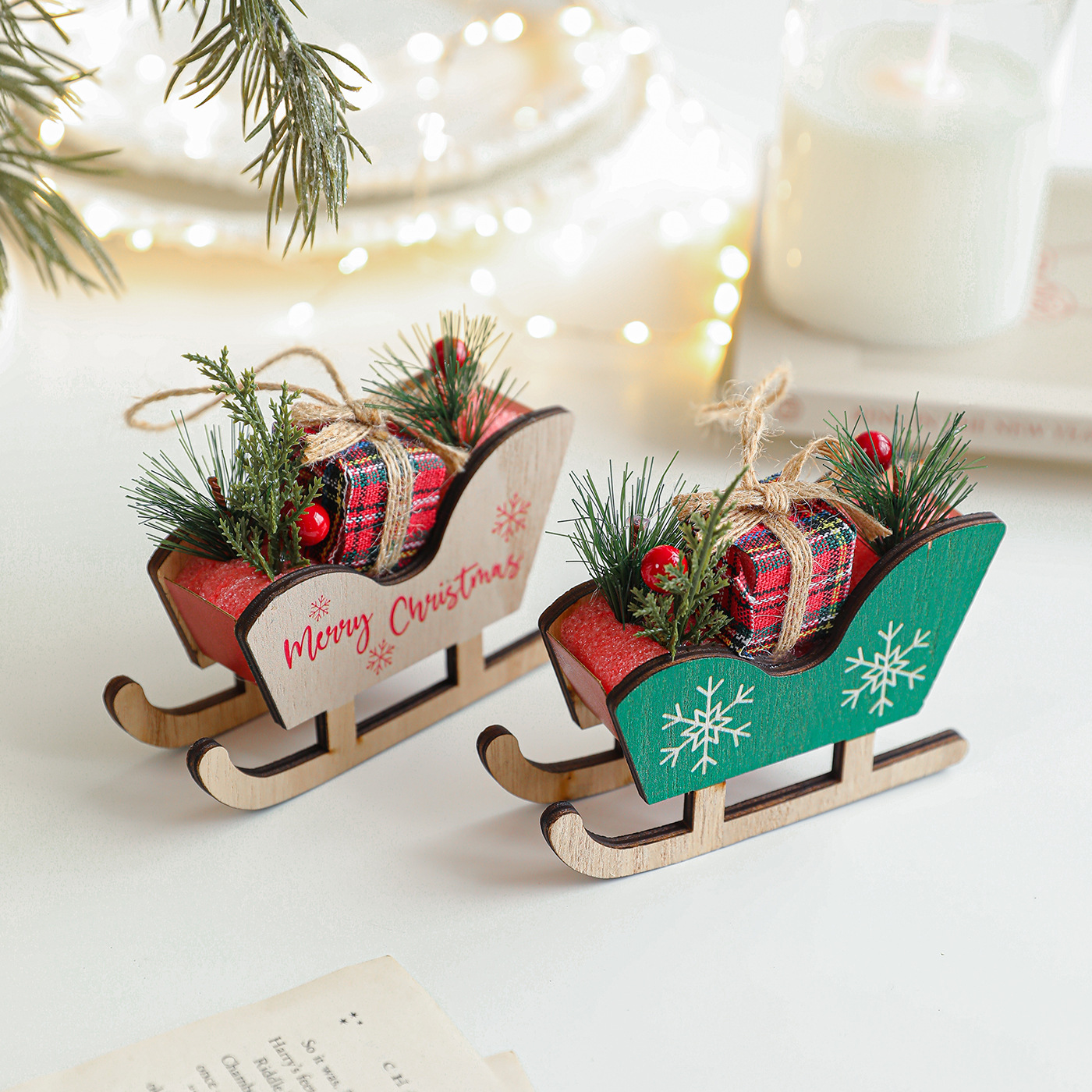 Navidad transfronteriza trineo de madera decoración colgante trineo decoración árbol de Navidad colgante atmósfera diseño de decoración de madera