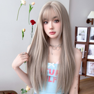 Wig Women's Long Straight Hair Straight Bangs Chemical Fiber Artificial Hair Full Top Cover Milk Tea Grey Brown High Temperature Silk Wig Women