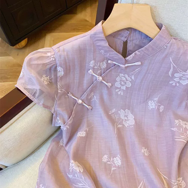 紫色新中式盘扣印花短袖衬衫女夏款国风旗袍领遮肚子雪纺衫其它