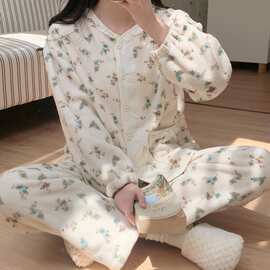 毛绒蓝色小碎花圆领花边口袋蝴蝶结长袖长裤家居服女秋冬甜美批发