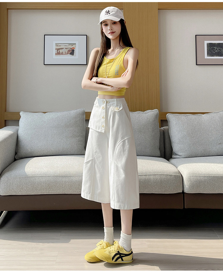 Quần culottes nữ ống rộng cạp cao dáng suông vải cotton — màu trắng chi tiết 32