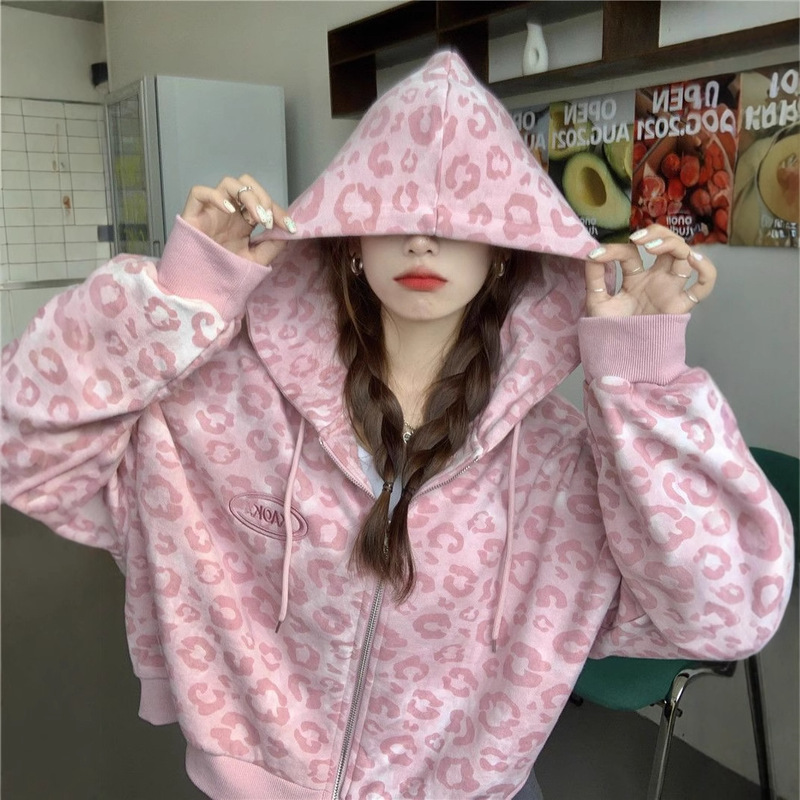 2025ピンクのヒョウ柄のショートカーディガンの女性春と秋の新型のゆったりとした香港風のレトロな帽子のパーカーのファッション|undefined