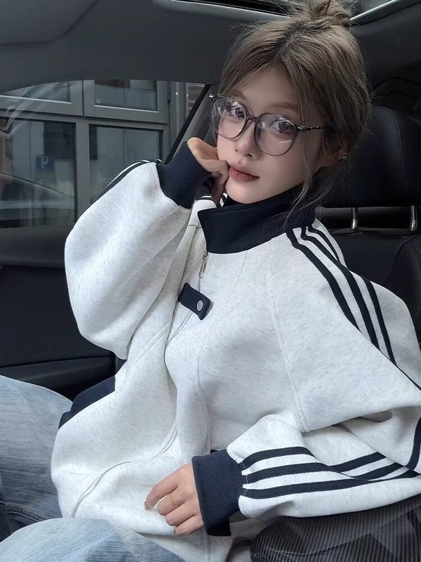 藏青色美式复古卫衣外套男款秋季学院风高级感撞色条纹立领棒球服|undefined