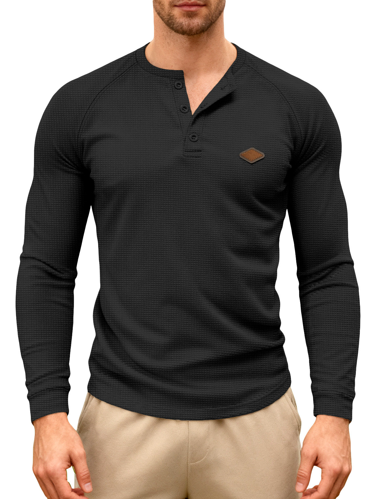 Nuevo transfronterizo europeo y americano hombre casual primavera y otoño americano waffle tie rápido secado hombro Henry camiseta de manga larga