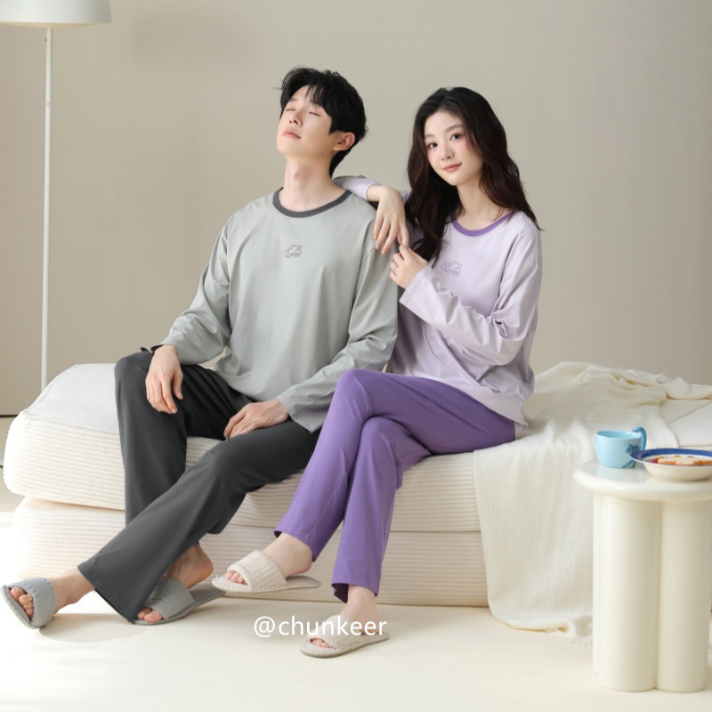 Mo Cotton new couple pajamas, loose-fitting and suitable for wearing outside, casual style, unisex, stylish loungewear, long-sleeved set for autumn