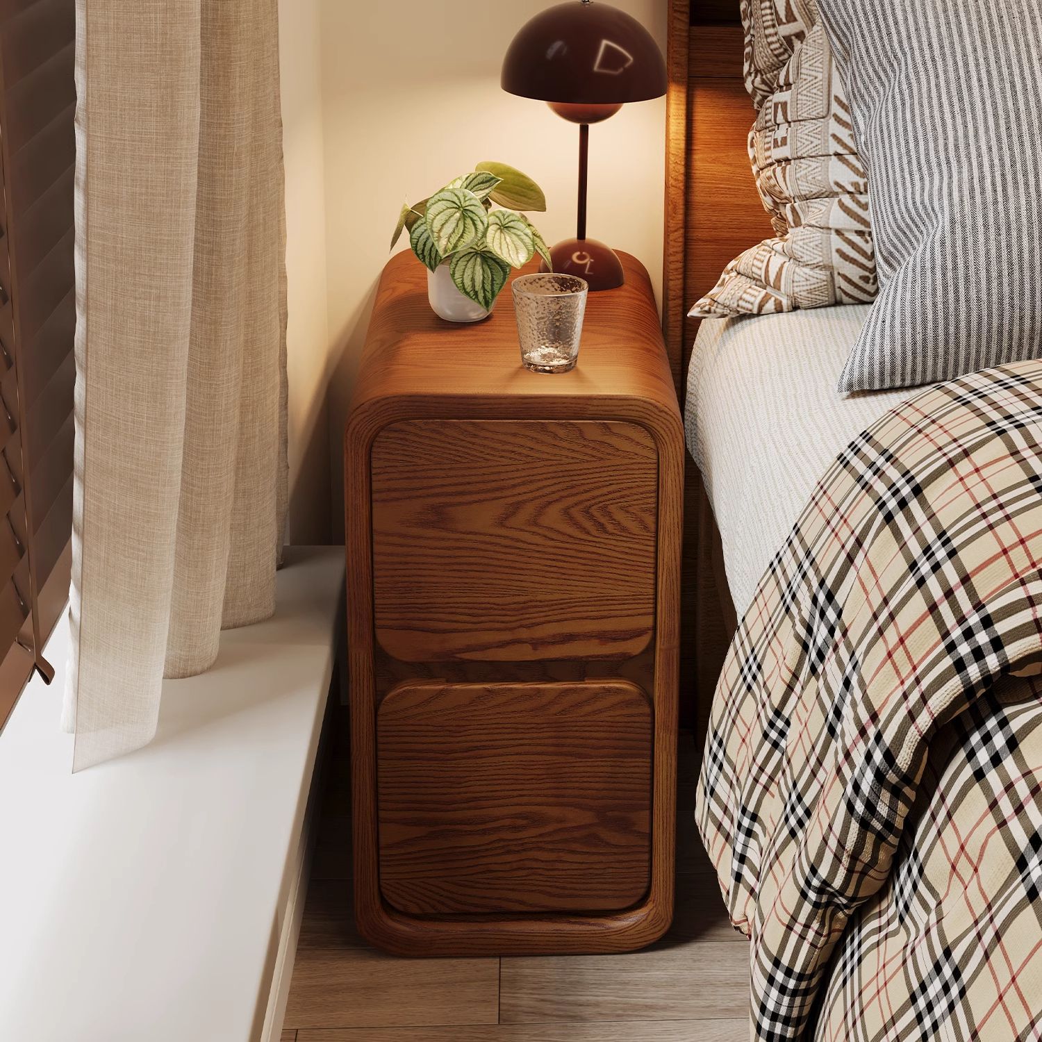 Extremely Narrow Solid Wood Bedside Table, Simple and Modern, Ultra-Narrow Small Sandwich Walnut Color Home Bedroom Bedside Storage Cabinet