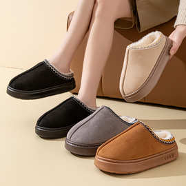 跨境爆款男女同款居家花边棉鞋加绒毛毛保暖厚底棉拖鞋