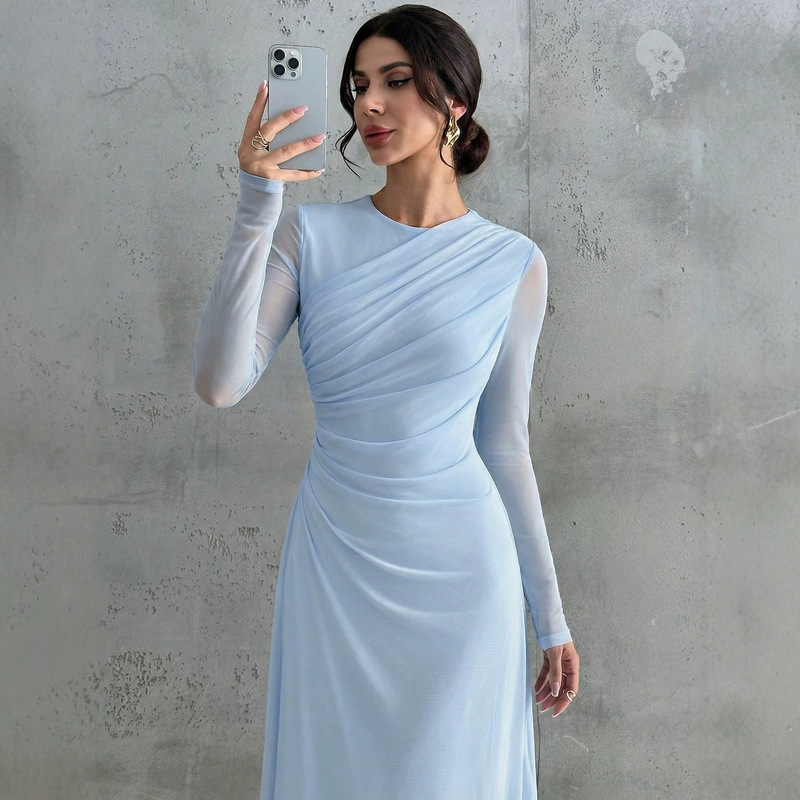 European and American Cross-Border Amazon 2026 Autumn New Elegant Long-Sleeved Women's Mesh Pleated Round Neck Dress European and American Cross-Border Amazon 2026 Autumn New Elegant Long-Sleeved Women's Mesh Pleated Round Neck Dress