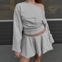 Q25ST354欧美女装秋冬新款百搭纯色长袖收腰卫衣 A字短裙休闲套装