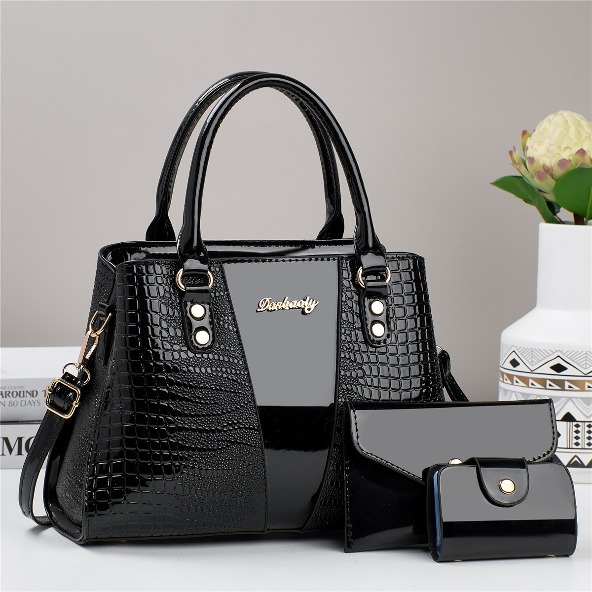 Business, Daily, Shopping Occasion Pu Leather Material Splicing, Crocodile Pattern Women's Pu Leather Splicing Crocodile Classic Style Bucket Zipper Bag Sets