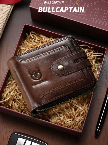 Captain Cow Genuine Leather Men's Multifunctional Short Zipper Wallet Advanced Sense Retro Driver's License Card Holder