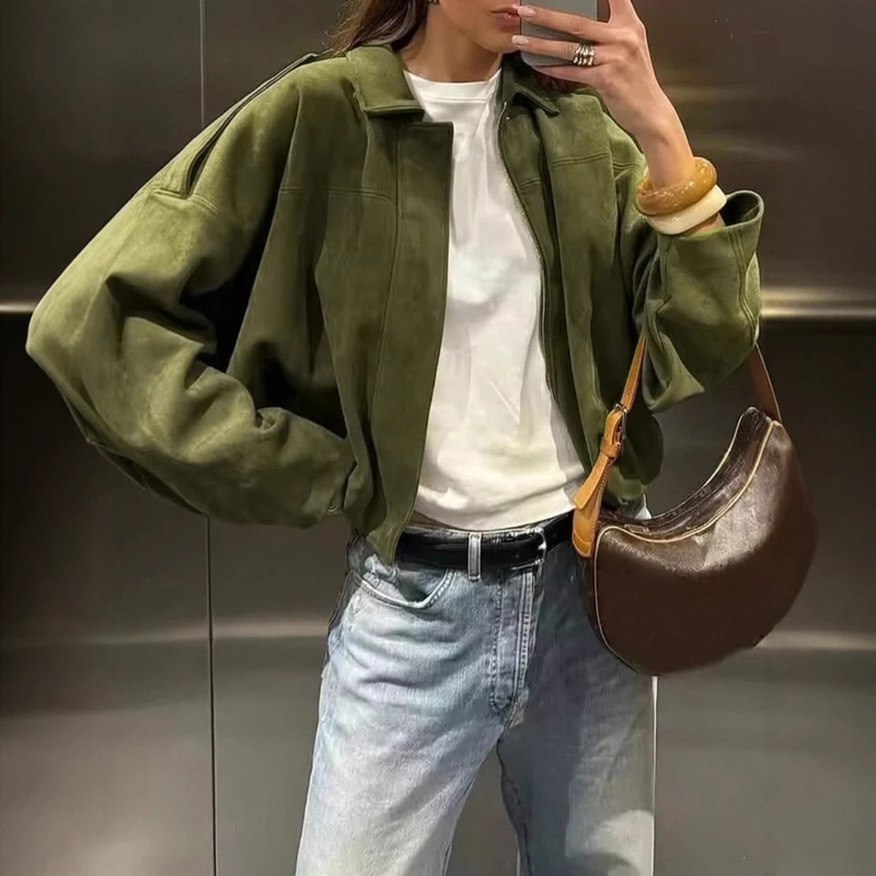 Women's Bomber Jacket, Loose Long-Sleeve Zip-Up Coat, Vintage Style, European and American Style, Exclusively for Cross-Border Sales
