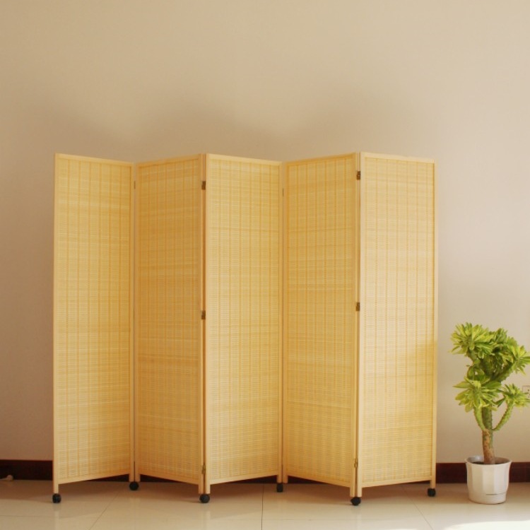 Folding Screen Partition Living Room Entrance Folding Screen Office Curtain Solid Wood Bamboo Simple Removable with Pulleys
