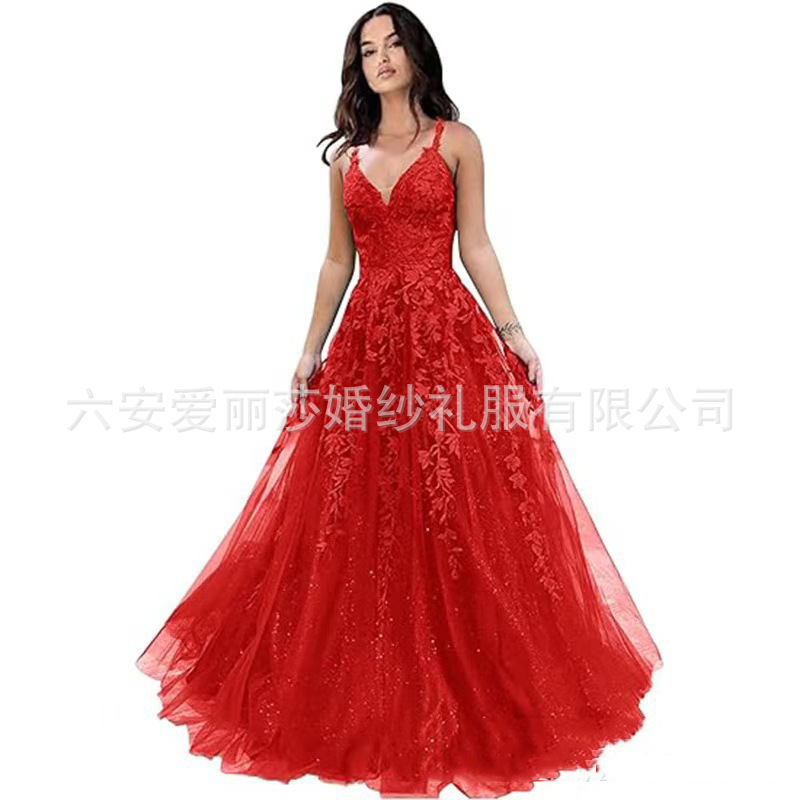 European and American Amazon Foreign Trade Tulle Ball Gown Women's Lace Applique Long Spaghetti Strap Sexy Backless Dress