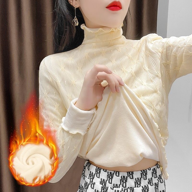 fleece-lined Thickened High Neck Lace Base Shirt Women's Autumn and Winter Inner Diamond-shaped Wood-ear Small Shirt Western Style Warm Top for Women fleece-lined Thickened High Neck Lace Base Shirt Women's Autumn and Winter Inner Diamond-shaped Wood-ear Small Shirt Western Style Warm Top for Women
