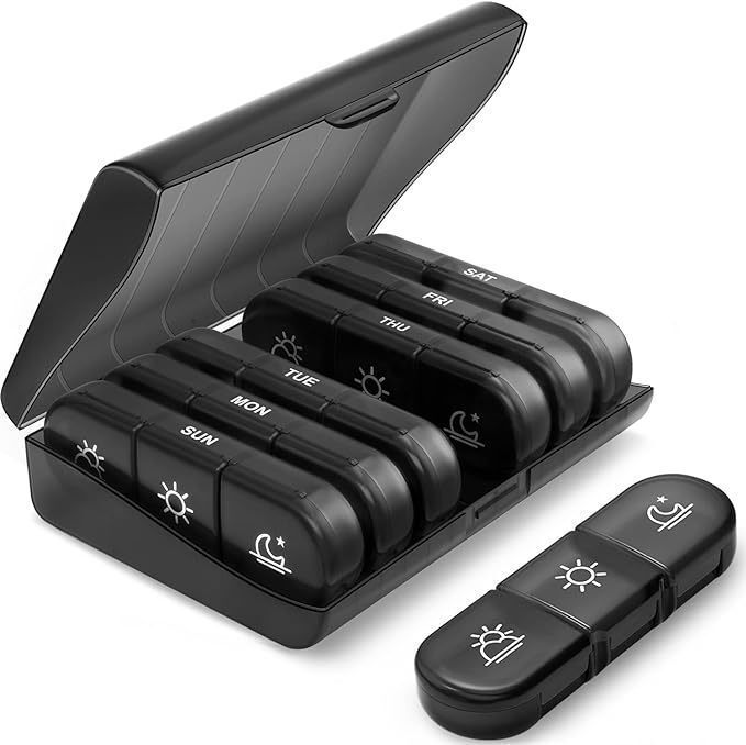Amazon の新しい売れ筋モデル 1 週間 7 日間 21 コンパートメント ブラック ピルボックス分類ボックス ポータブル プラスチック コンパートメント シール|undefined