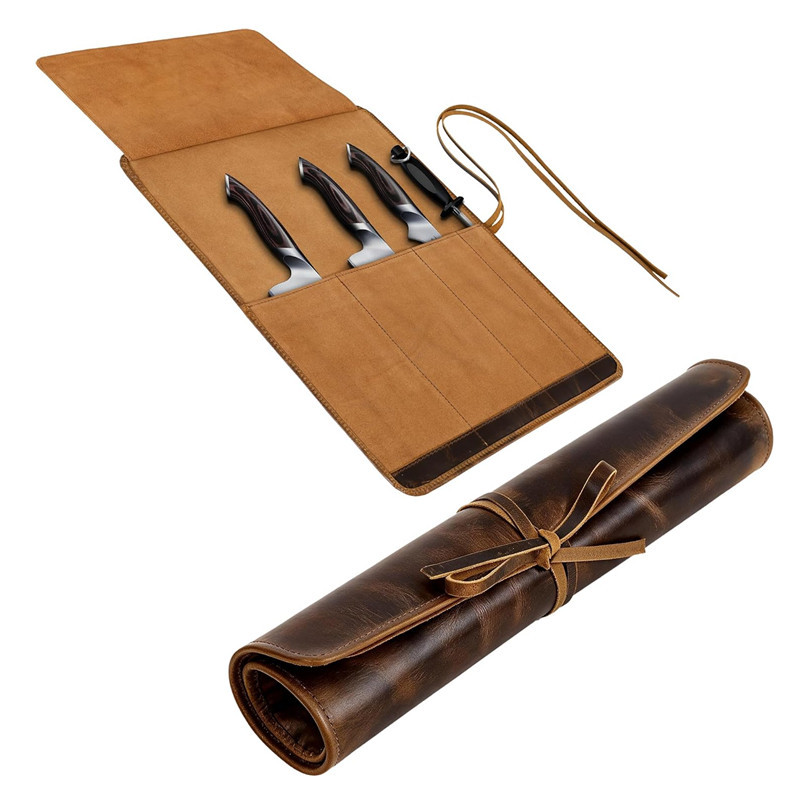 European and American Chef Knife Storage Bag Genuine Leather Portable Durable Knife Bag Vintage Crazy Horse Leather Knife Protective Sheath