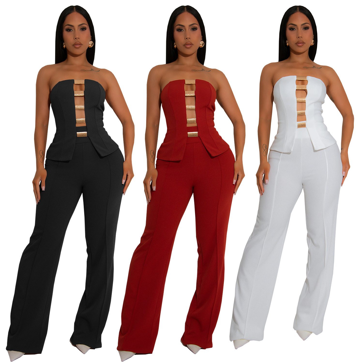 C7367 Cross-border AliExpress Amazon Ropa de mujer de moda europea y americana Top de tubo sexy Botón dorado Pantalones de brazo de dos piezas