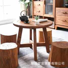 老榆木新中式小圆桌家居小户型茶桌椅组合沙发茶边几阳台泡茶桌