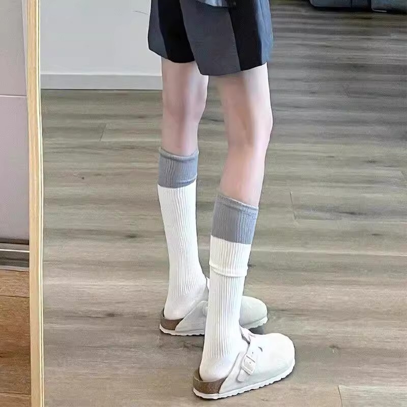 Korean Black and Gray Spliced ​​Socks for Women in Spring and Summer, Slimming Look Color Matching Mid-Length Internet Celebrity High-Top Over-The-Knee Boots and Thigh Socks