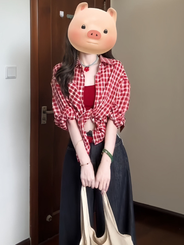 早秋季韩系红色格子防晒长袖衬衫衬衣女2025新款多巴胺绝美上衣|undefined