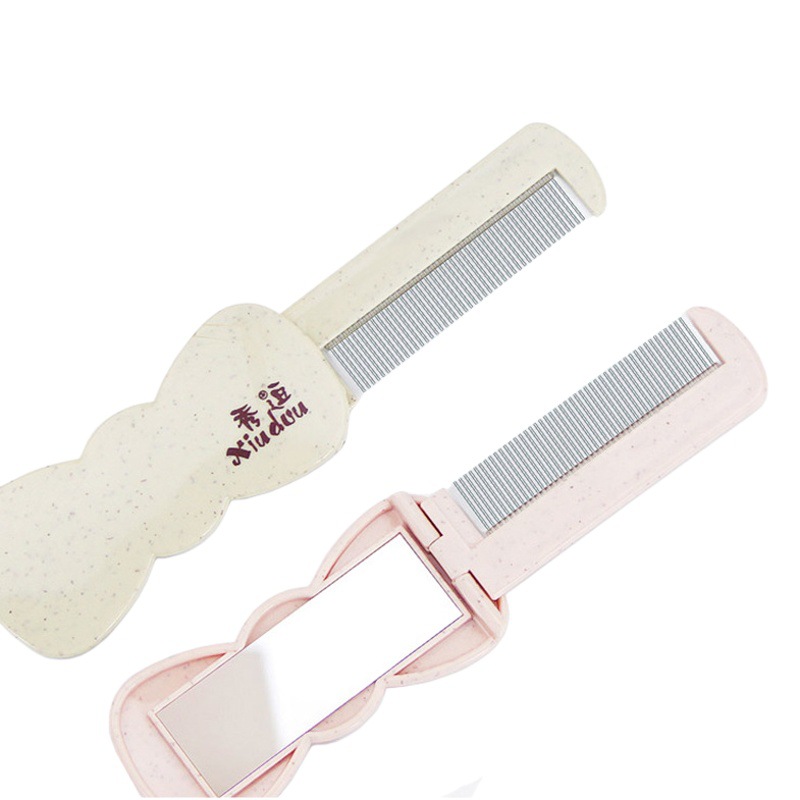 Cartoon folding mirror comb portable mini student mirror comb dual-purpose set folding comb iron tooth rotary tooth comb