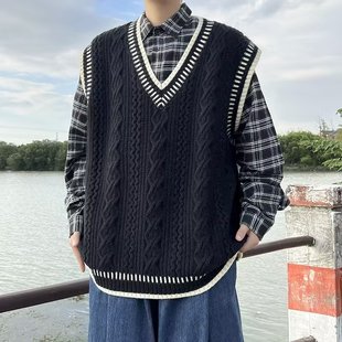 Japanese Deer Plush V-neck Sleeveless Work Vest Top Men's Simple Loose Waistcoat Sweater Knitwear Vest