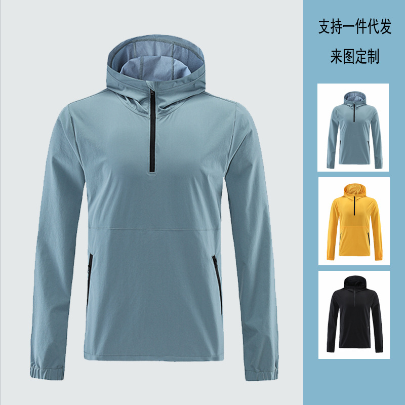 Otoño e invierno deportes de secado rápido ropa deportiva de los hombres media cremallera con capucha manga larga fitness running chaqueta deportiva color sólido top