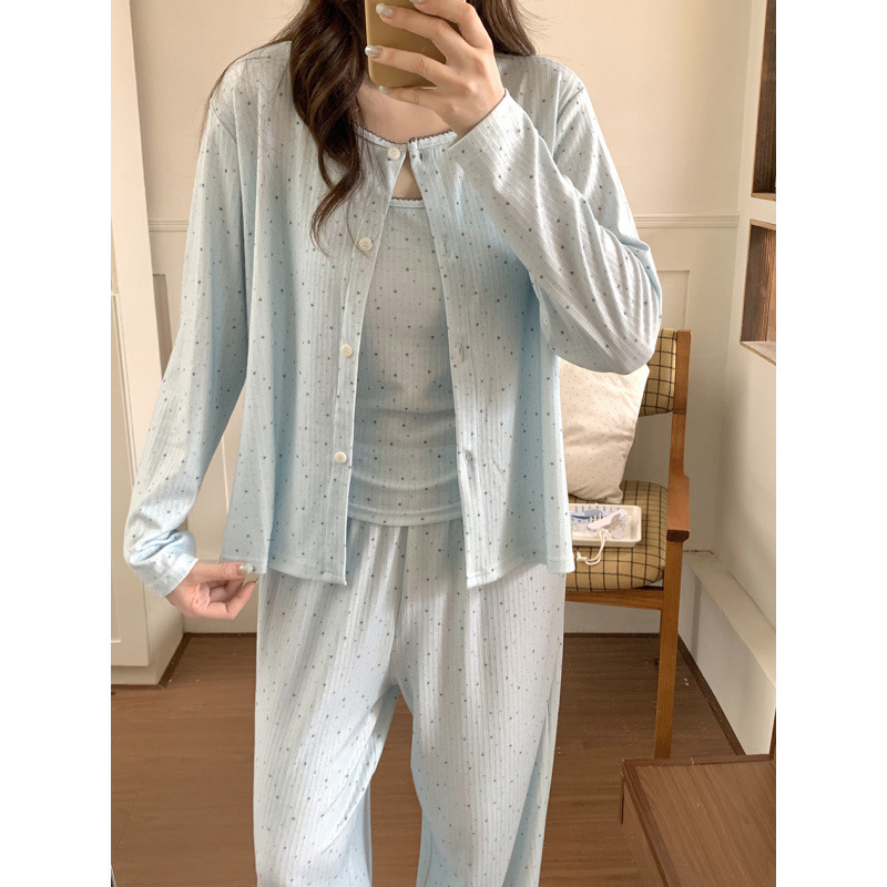 Korean ins knitted soft dreamy starry three-piece set with chest pads, home wear pajama set