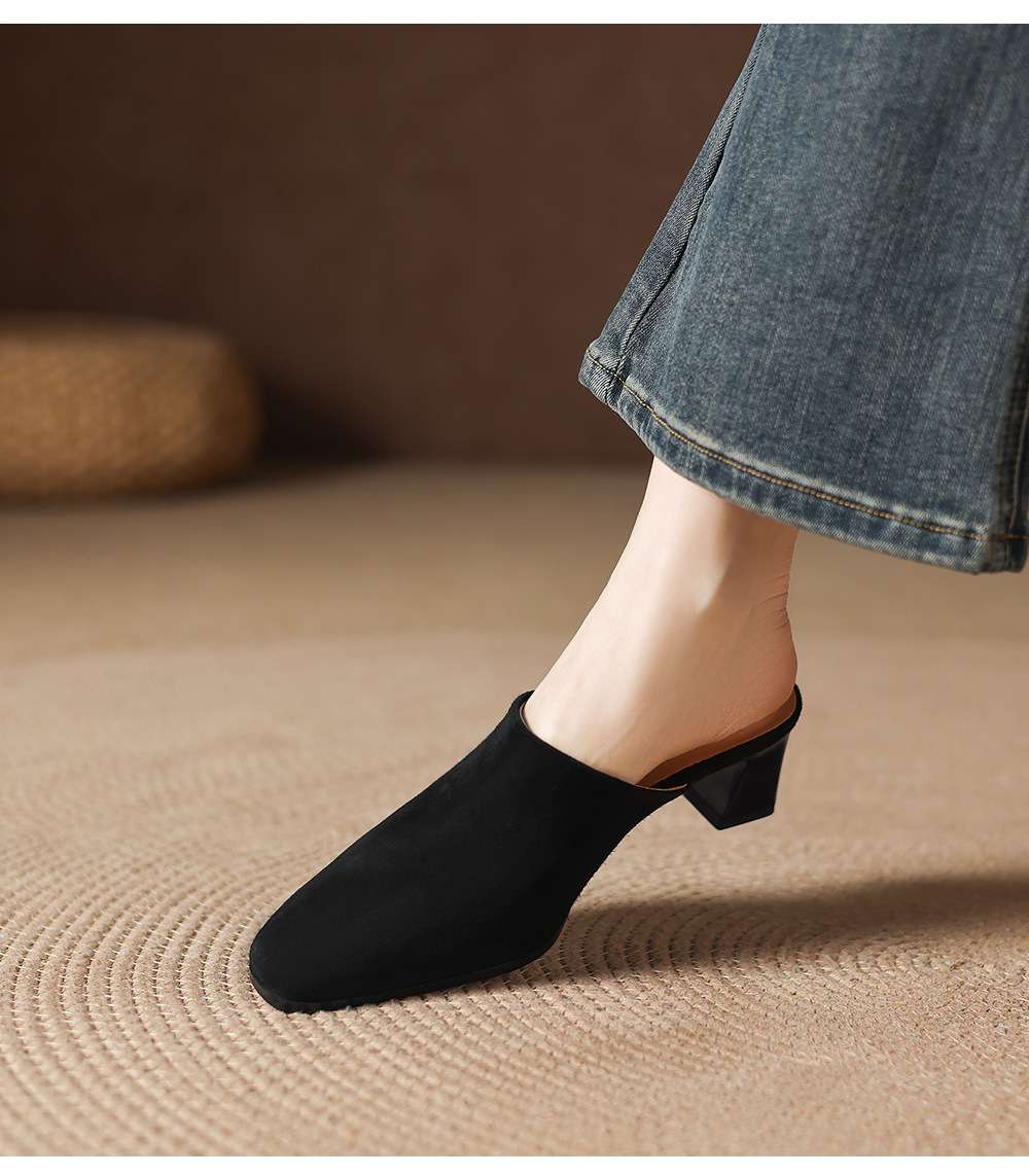 Sandal cao gót nữ mũi vuông da lộn, gót 7 cm, kiểu dáng nửa kéo — đen chi tiết 16