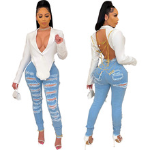 跨境HSF2559亚马逊专供欧美性感潮流破洞水洗修身弹力牛仔小脚裤