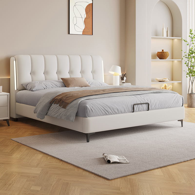Modern Minimalist Leather Bed 1.8m for Master Bedroom, High-end and Grand 1.5 Double Wedding Bed with Pneumatic Storage Technology Fabric Double Bed