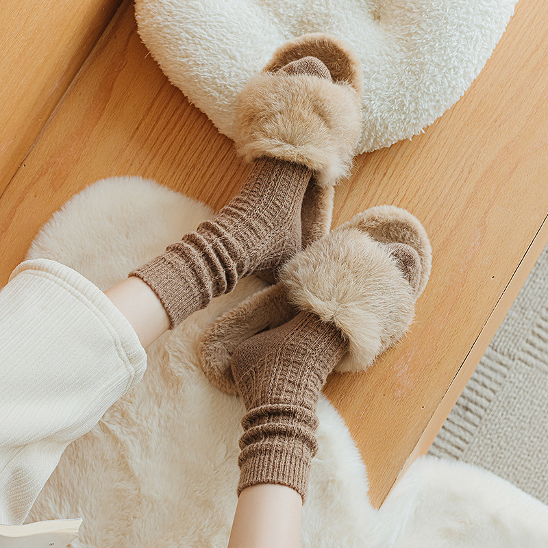 Patrón de cáñamo de otoño e invierno de cachemira de las mujeres calcetines de pelo de las mujeres de media pantorrilla de lana de color sólido grueso calcetines Mori calcetines