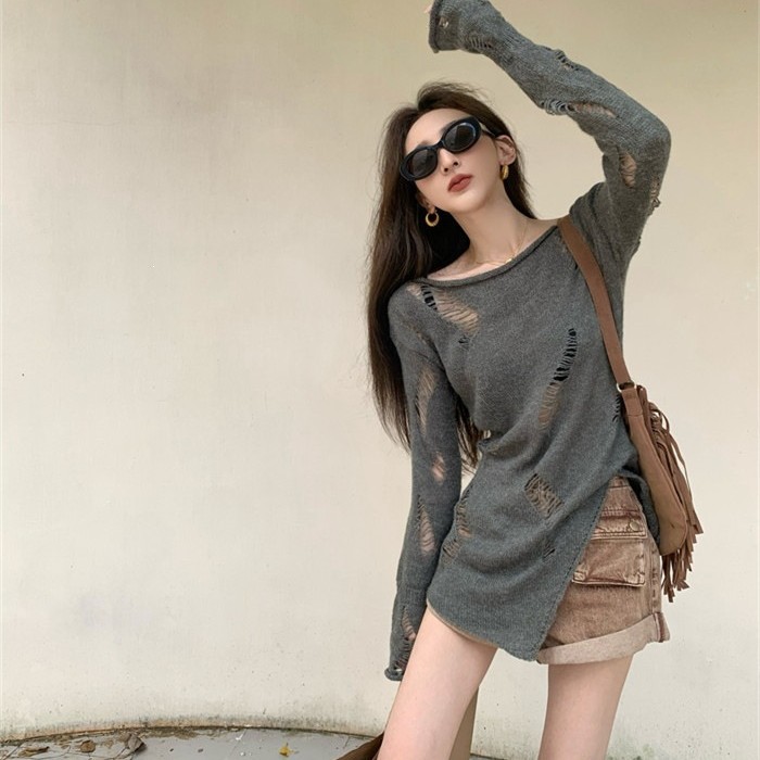 Grey distressed ripped and split long-sleeved sun protection t-shirt for women, 2026 summer super hot top for travel and hiking.