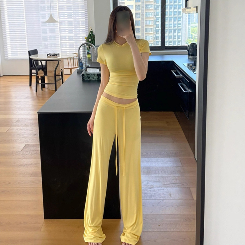 2025 Autumn New Soft and Simple Waist-Exposing Basic Tight T-Shirt with Drawstring Breathable Long Pants Two-Piece Set for Women 2025 Autumn New Soft and Simple Waist-Exposing Basic Tight T-Shirt with Drawstring Breathable Long Pants Two-Piece Set for Women