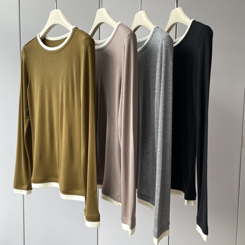 Merino Wool Lanjing Tencel Stacked Design! Contrast Color Round Neck Q-elastic Soft Waxy Comfortable Long-sleeved T-shirt for Women Autumn