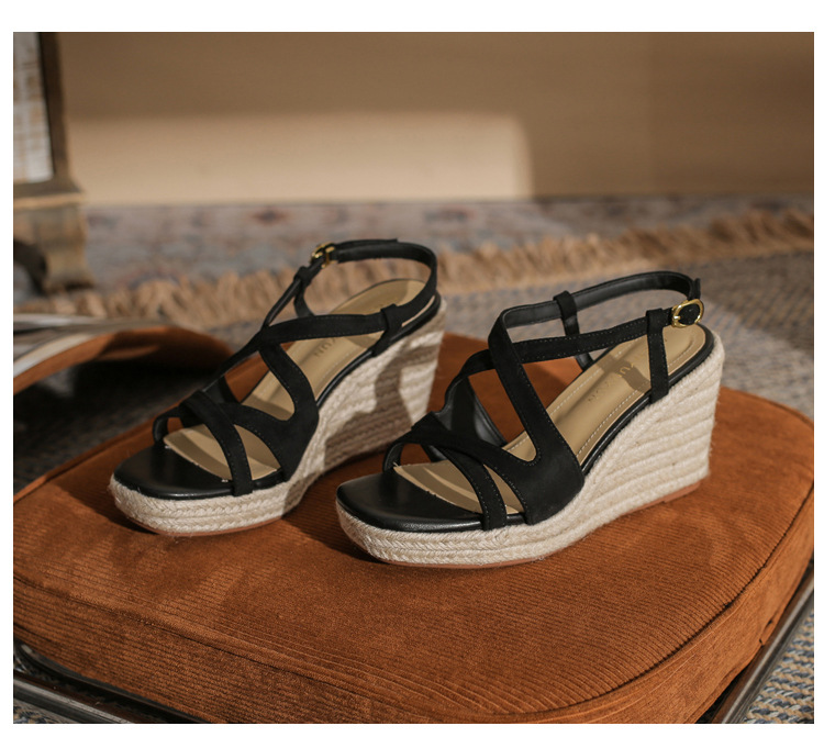 Sandal cao gót nữ hở mũi đế xuồng bọc dây thừng MJ90111 — màu đen chi tiết 22