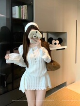 白色镂空长袖针织衫女秋季时尚气质穿搭套装高腰a字半身裙两件套