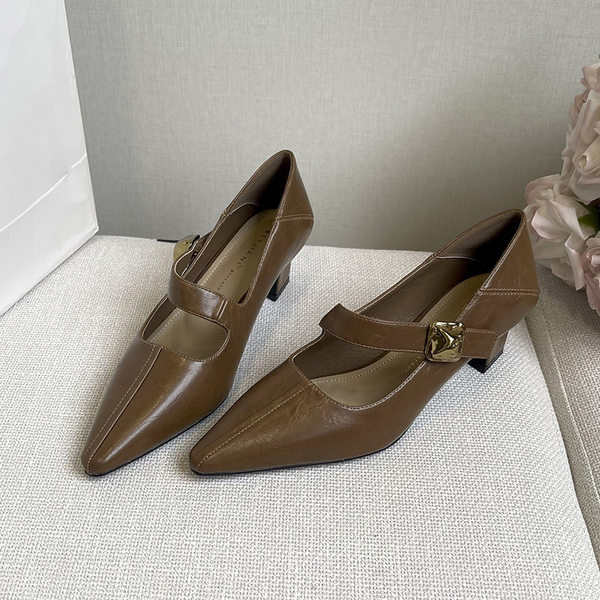 Giày cao gót nữ mũi vuông quai chéo thiết kế tối giản, gót thô 3–6 cm có thể gập gót — Màu nâu, Màu trắng ngà, màu đen