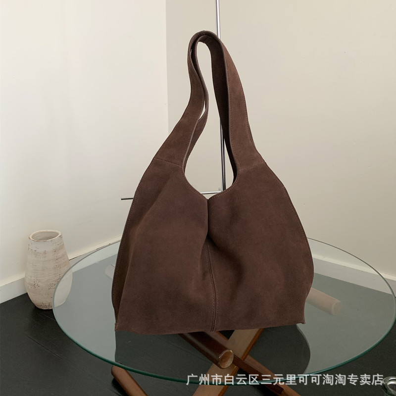2025新款复古慵懒风美拉德麂皮磨砂牛皮托特包大容量单肩腋下女包|undefined