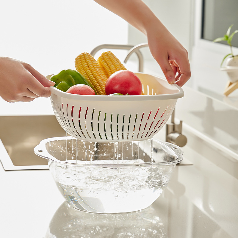 Double Layer Drain Basket Plastic Fruit Basket Vegetable Basket Multi-purpose Fruit And Vegetable Drain Tray Basin Vegetable Basket Living Room