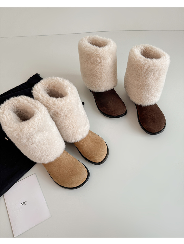 Boot nữ cổ cao lông mềm đế bằng, lót lông cừu dày dặn giữ ấm, kiểu lật cổ — màu nâu chi tiết 28