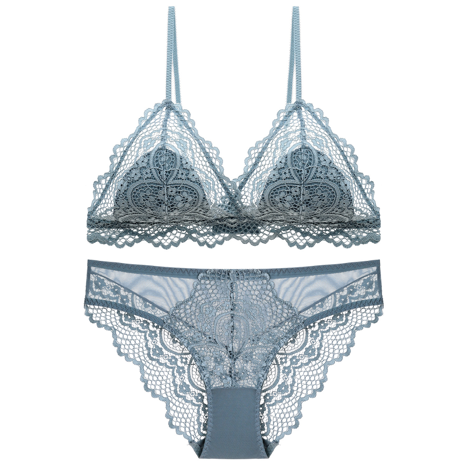 New French-style sexy lace triangle bralette set, comfortable without underwire, thin cotton anti-showing, young girl's bra and panty set