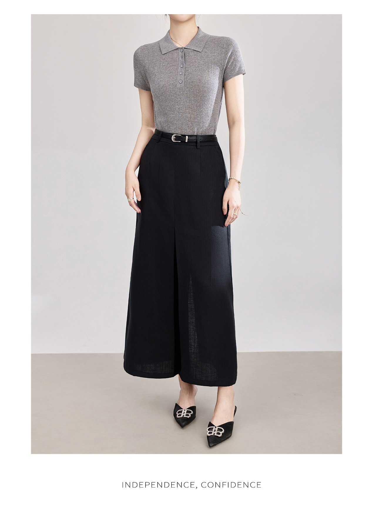 Chân váy xếp ly nữ cạp trung thấp, chất liệu tencel linen phối sọc răng cưa, xẻ tà — Xanh lông mòng đen chi tiết 18